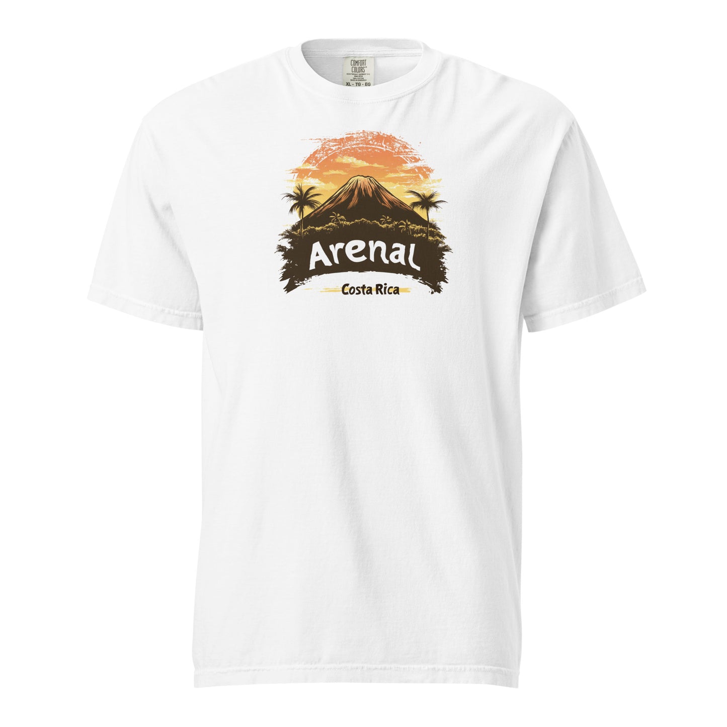 White Arenal Volcano silhouette with a retro sunset background and Costa Rica text on a T-shirt design