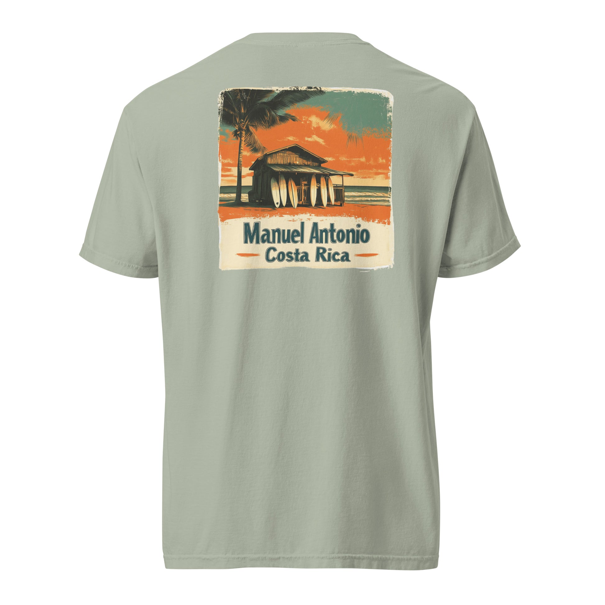 Brown Vintage Manuel Antonio Costa Rica t-shirt design featuring a surf shack with surfboards and palm trees at sunset.