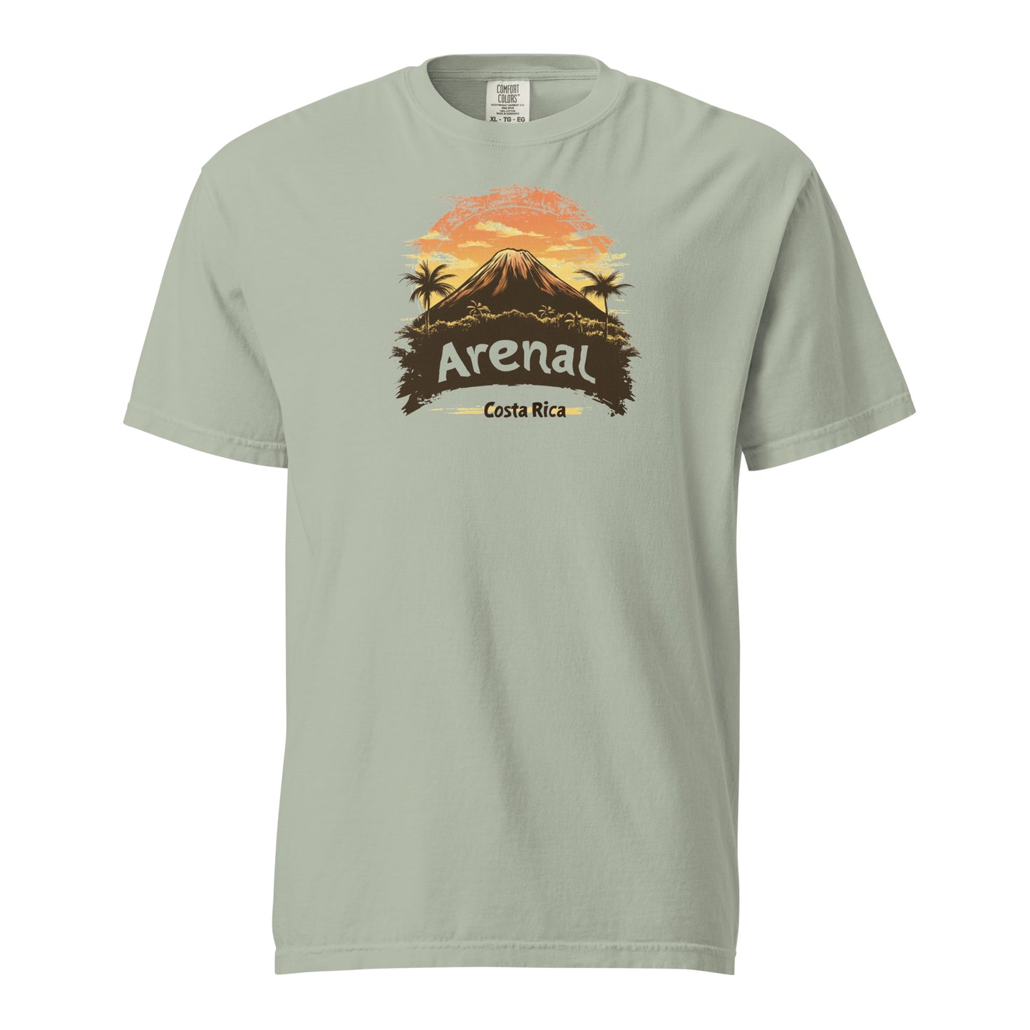 Brown Arenal Volcano silhouette with a retro sunset background and Costa Rica text on a T-shirt design