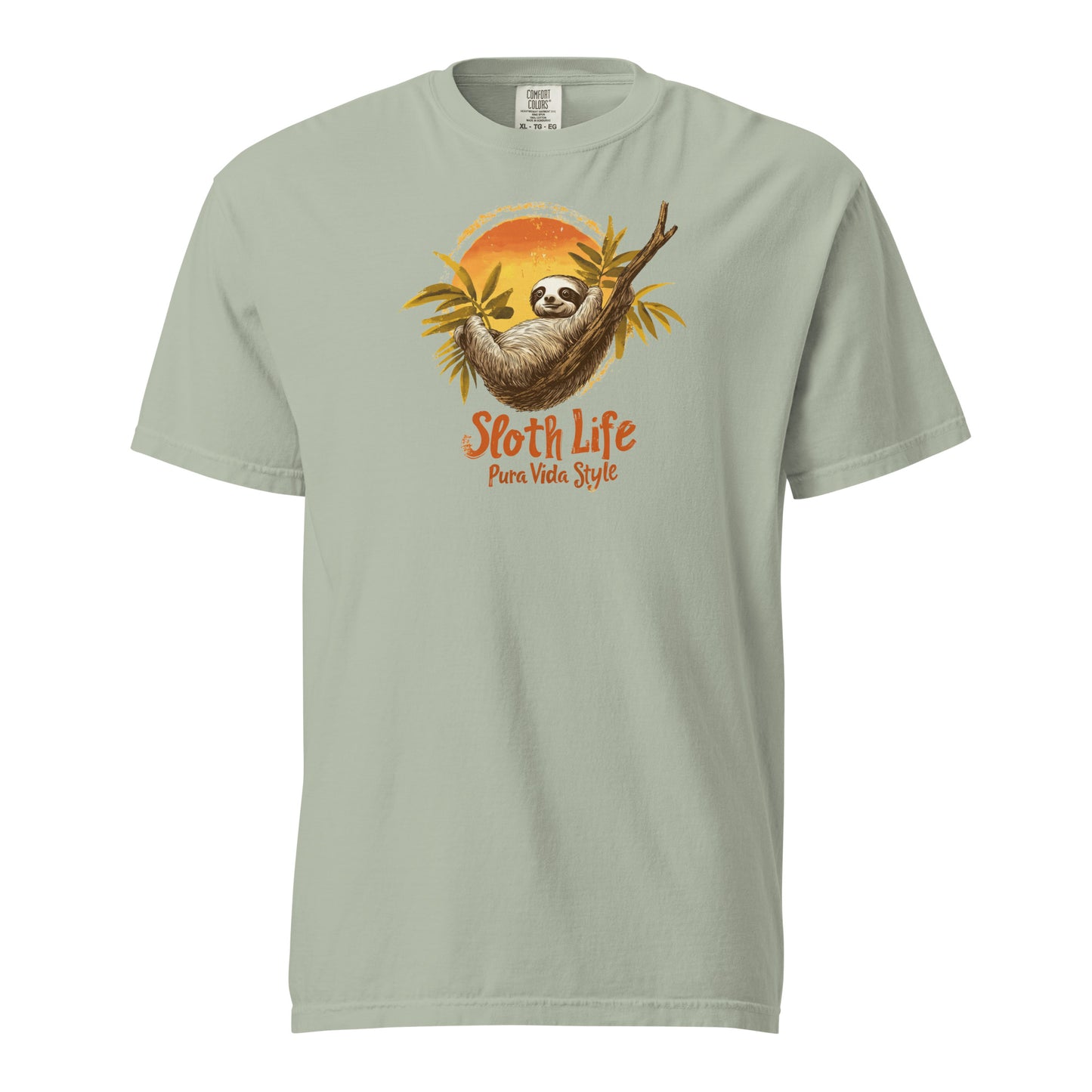 Illustration of a sloth hanging from a branch with tropical leaves and the text "Sloth Life Pura Vida Style" on a brown t-shirt design.