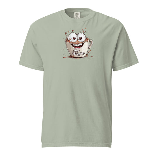 Brown Quirky cartoon coffee mug T shirt with googly eyes and a big smile, surrounded by playful coffee splashes, featuring the text 'Sip Happens' in bold, fun font