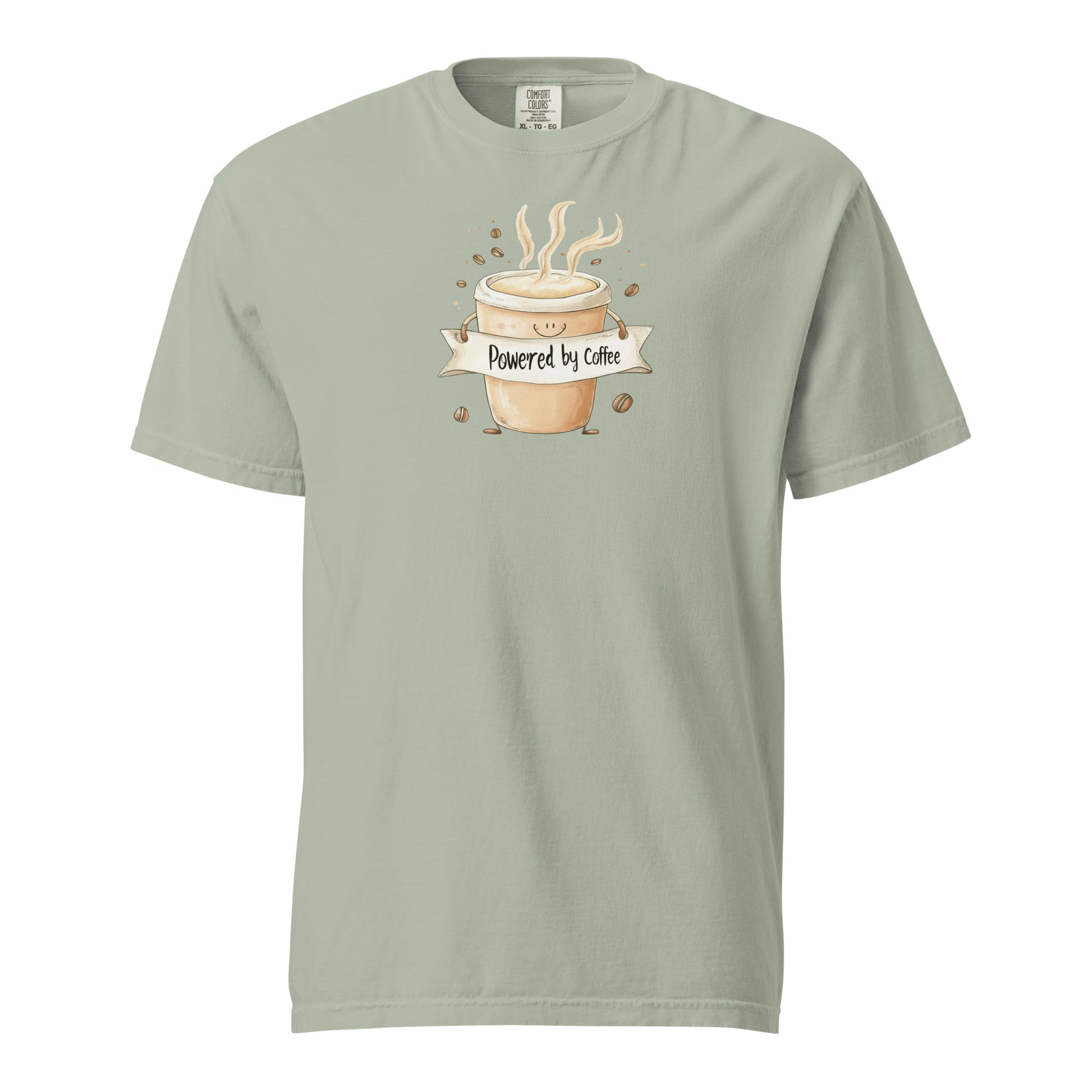 Brown Cartoon-style coffee cup T Shirt  with a happy face, arms holding a banner that says 'Powered by Coffee,' surrounded by steaming lines and coffee beans, playful and cute design on a white background