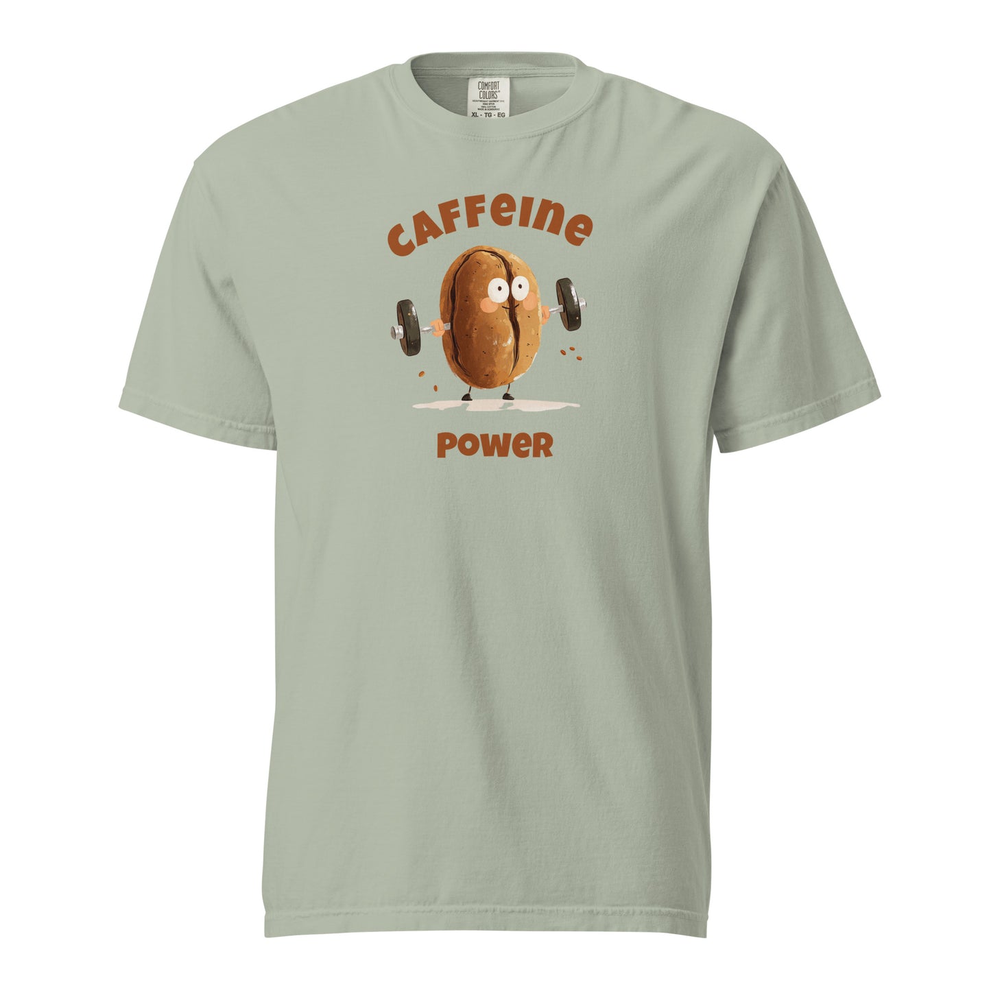 Cartoon coffee bean lifting dumbbells with the text 'Caffeine Power' in bold letters, playful and energetic design on a brown T-shirt