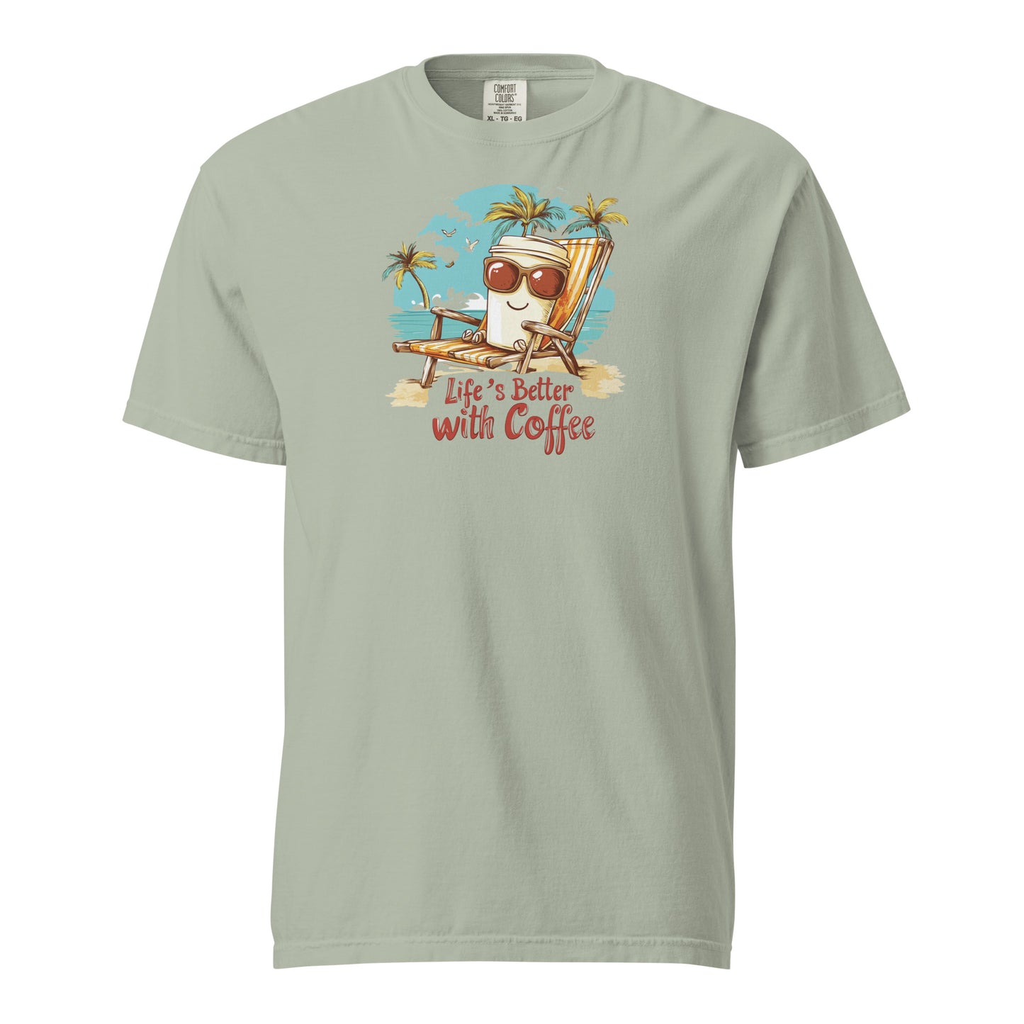 Cartoon coffee cup wearing sunglasses, lounging on a beach chair under palm trees, with the text 'Life’s Better with Coffee' in playful lettering, tropical and cheerful design