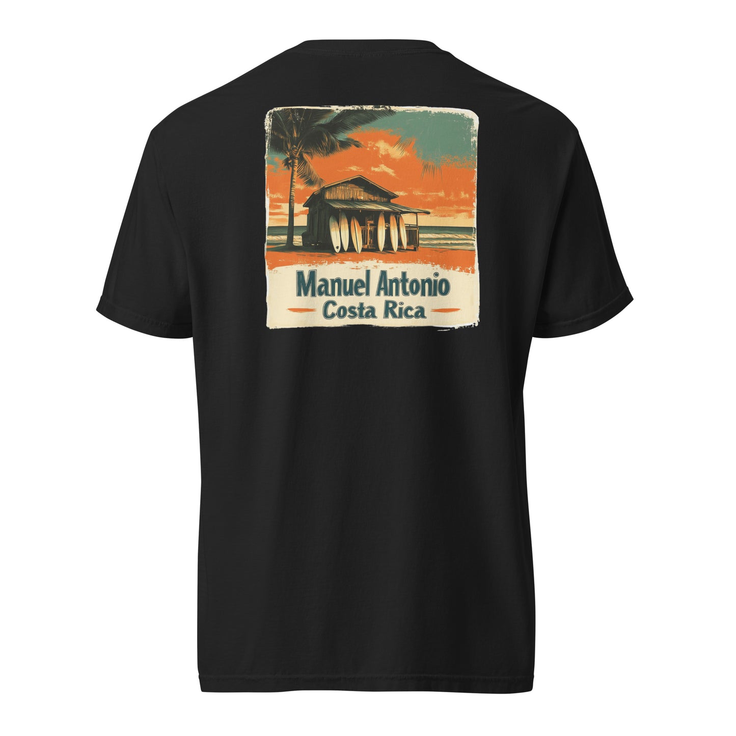 Black Vintage Manuel Antonio Costa Rica t-shirt design featuring a surf shack with surfboards and palm trees at sunset.