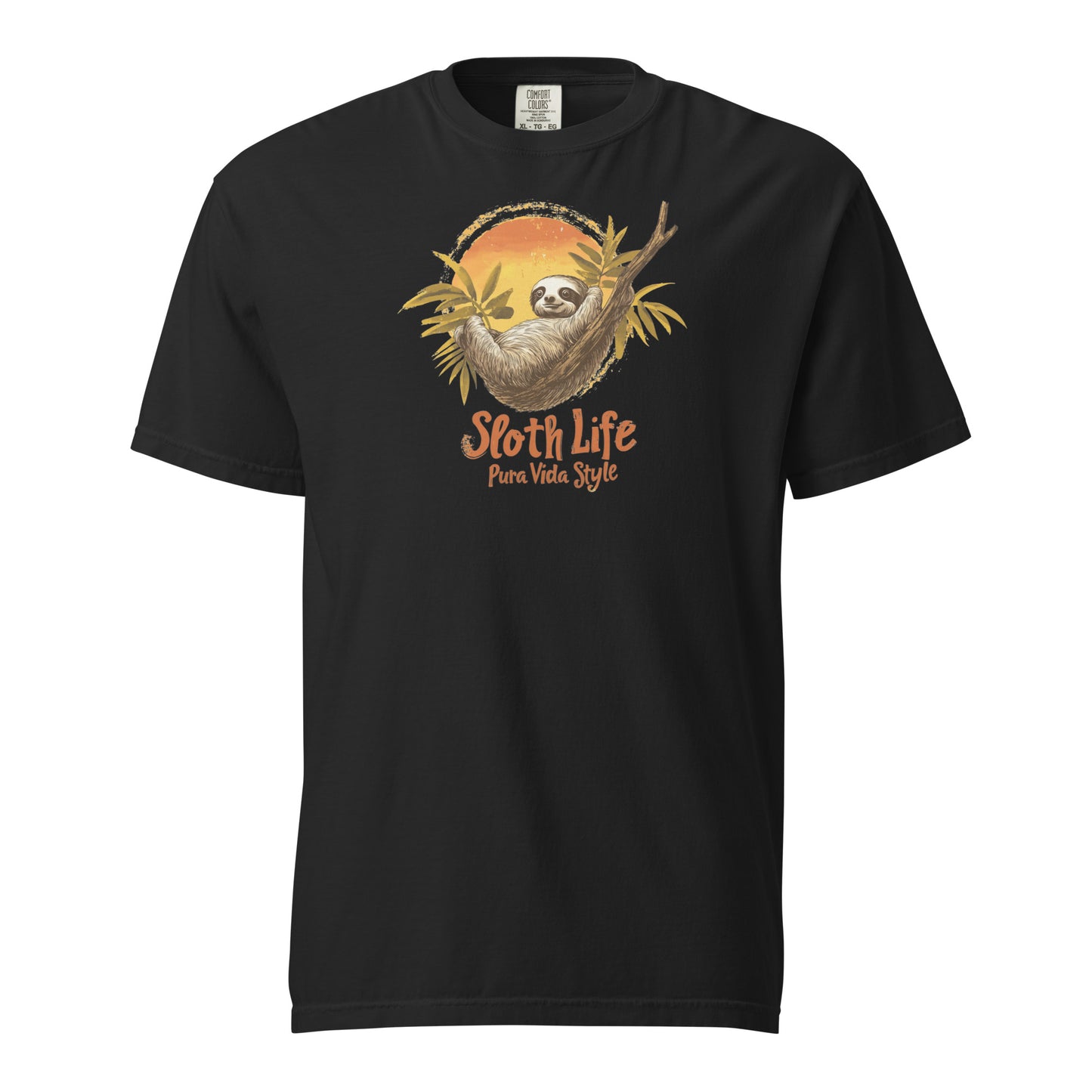 Illustration of a sloth hanging from a branch with tropical leaves and the text "Sloth Life Pura Vida Style" on a black t-shirt design.