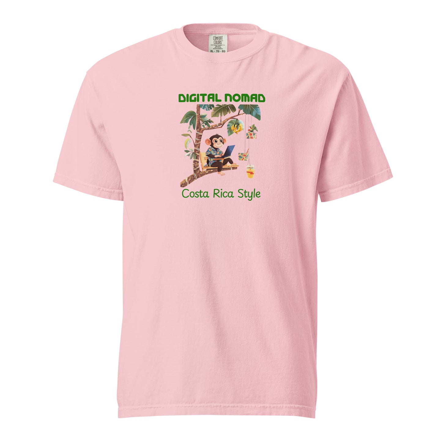 Pink Cartoon T Shirt of a cheerful monkey wearing a Hawaiian shirt, working on a laptop while sitting on a wooden swing attached to a tropical tree with banana plants