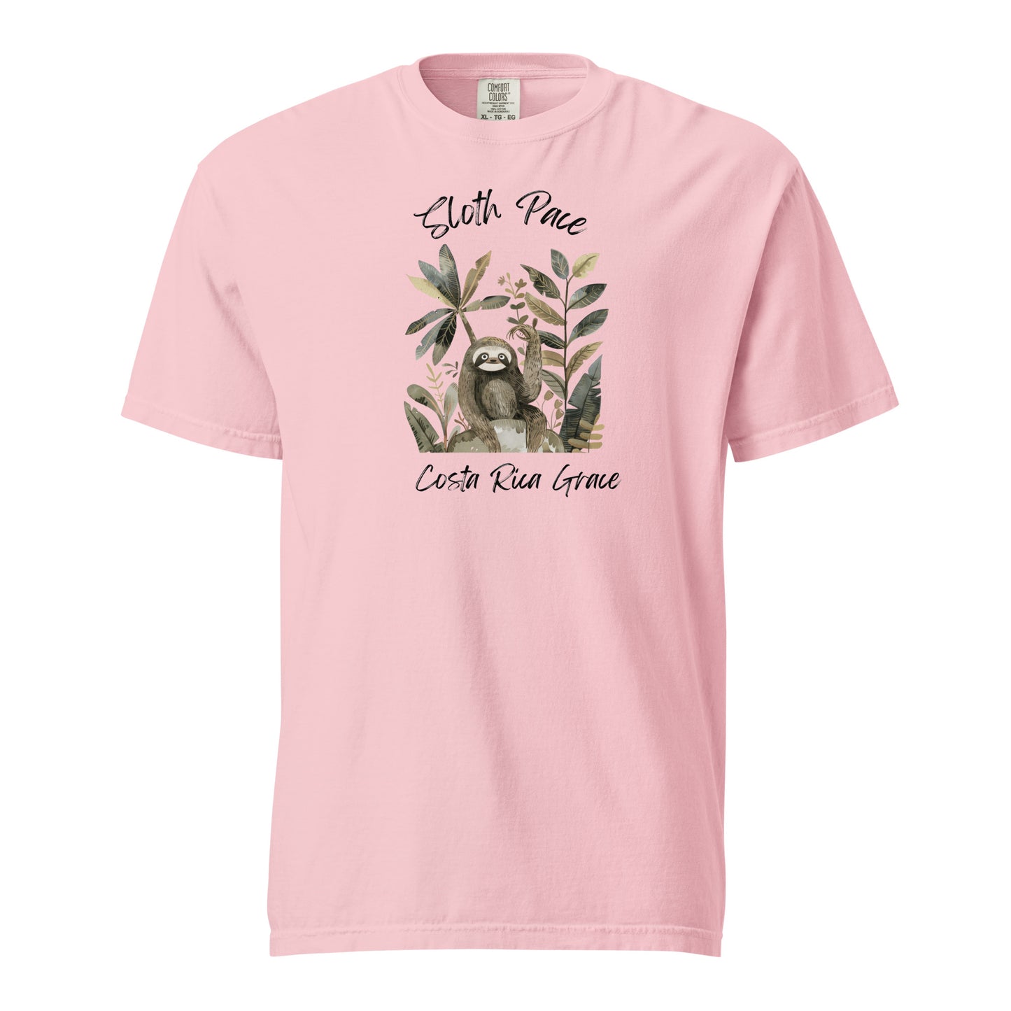 Pink Costa Rica T Shirt of a smiling sloth surrounded by tropical leaves and palm fronds in earth tones, with 'Sloth Pace' and 'Costa Rica Grace' text in brush script