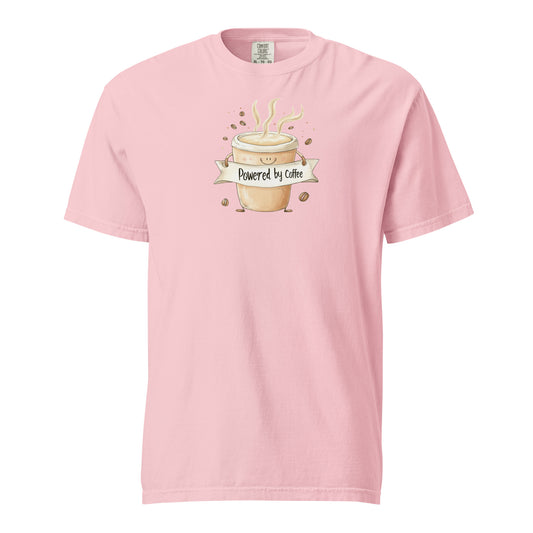 Pink Cartoon-style coffee cup T Shirt  with a happy face, arms holding a banner that says 'Powered by Coffee,' surrounded by steaming lines and coffee beans, playful and cute design on a white background