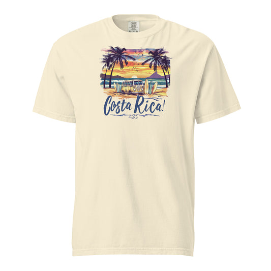 Retro surf van on a tropical beach with surfboards, surrounded by palm trees and a vibrant sunset, featuring the text 'Costa Rica' in bold script font