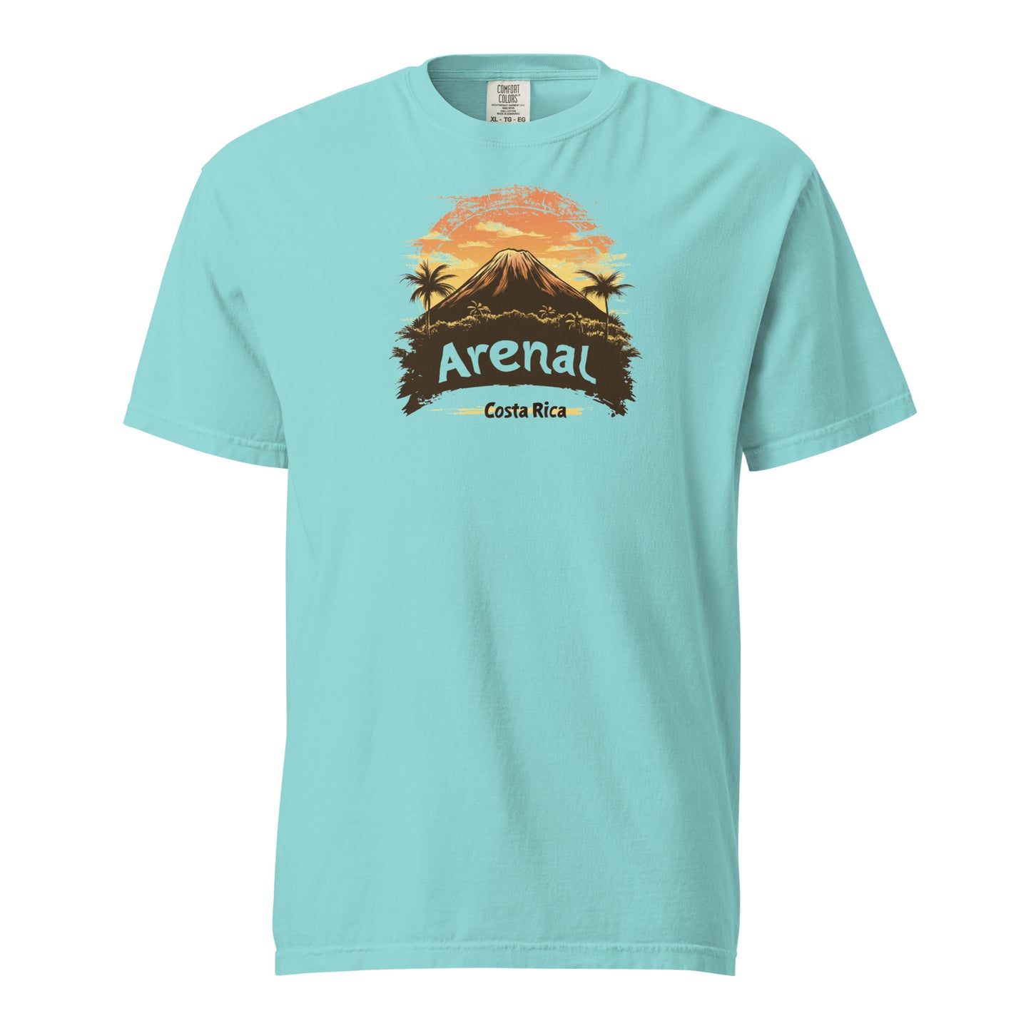 Teal Arenal Volcano silhouette with a retro sunset background and Costa Rica text on a T-shirt design