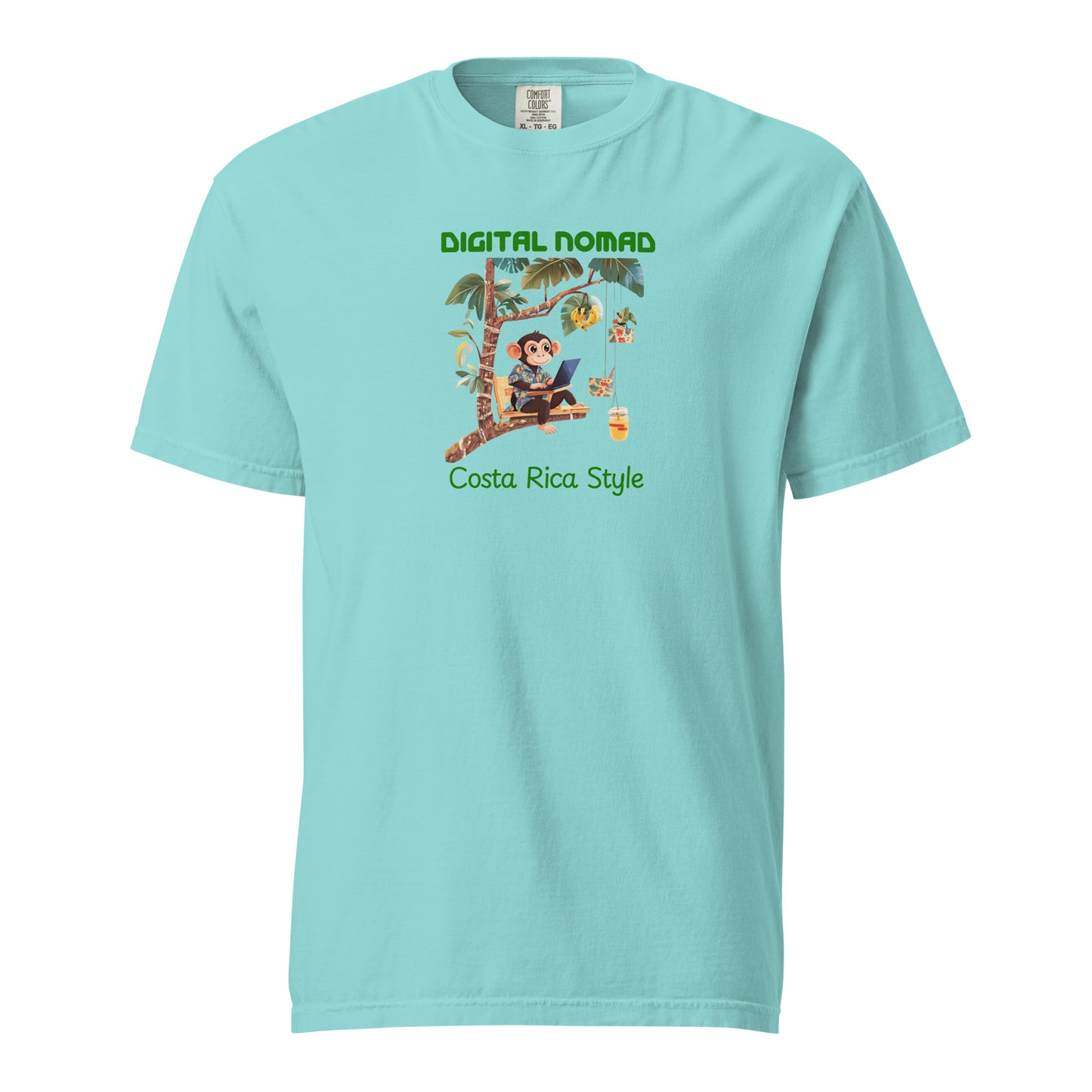 Green Cartoon T Shirt of a cheerful monkey wearing a Hawaiian shirt, working on a laptop while sitting on a wooden swing attached to a tropical tree with banana plants