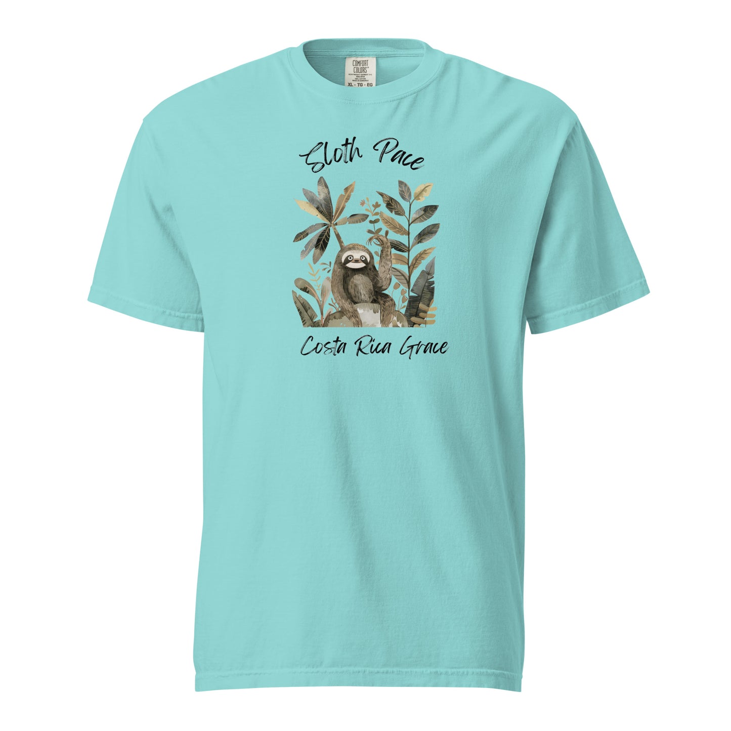 Green  Costa Rica T Shirt of a smiling sloth surrounded by tropical leaves and palm fronds in earth tones, with 'Sloth Pace' and 'Costa Rica Grace' text in brush script