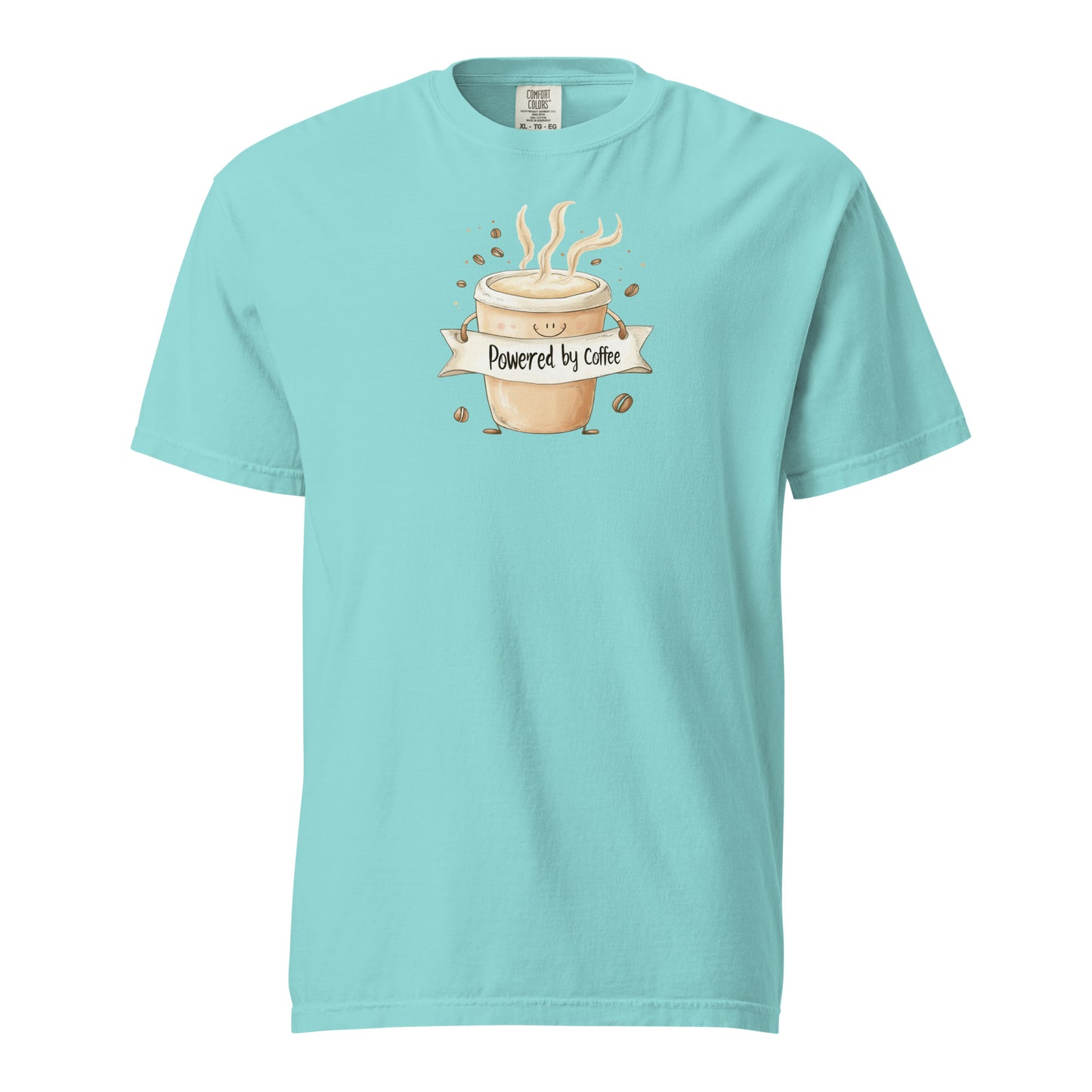 Green Cartoon-style coffee cup T Shirt  with a happy face, arms holding a banner that says 'Powered by Coffee,' surrounded by steaming lines and coffee beans, playful and cute design on a white background