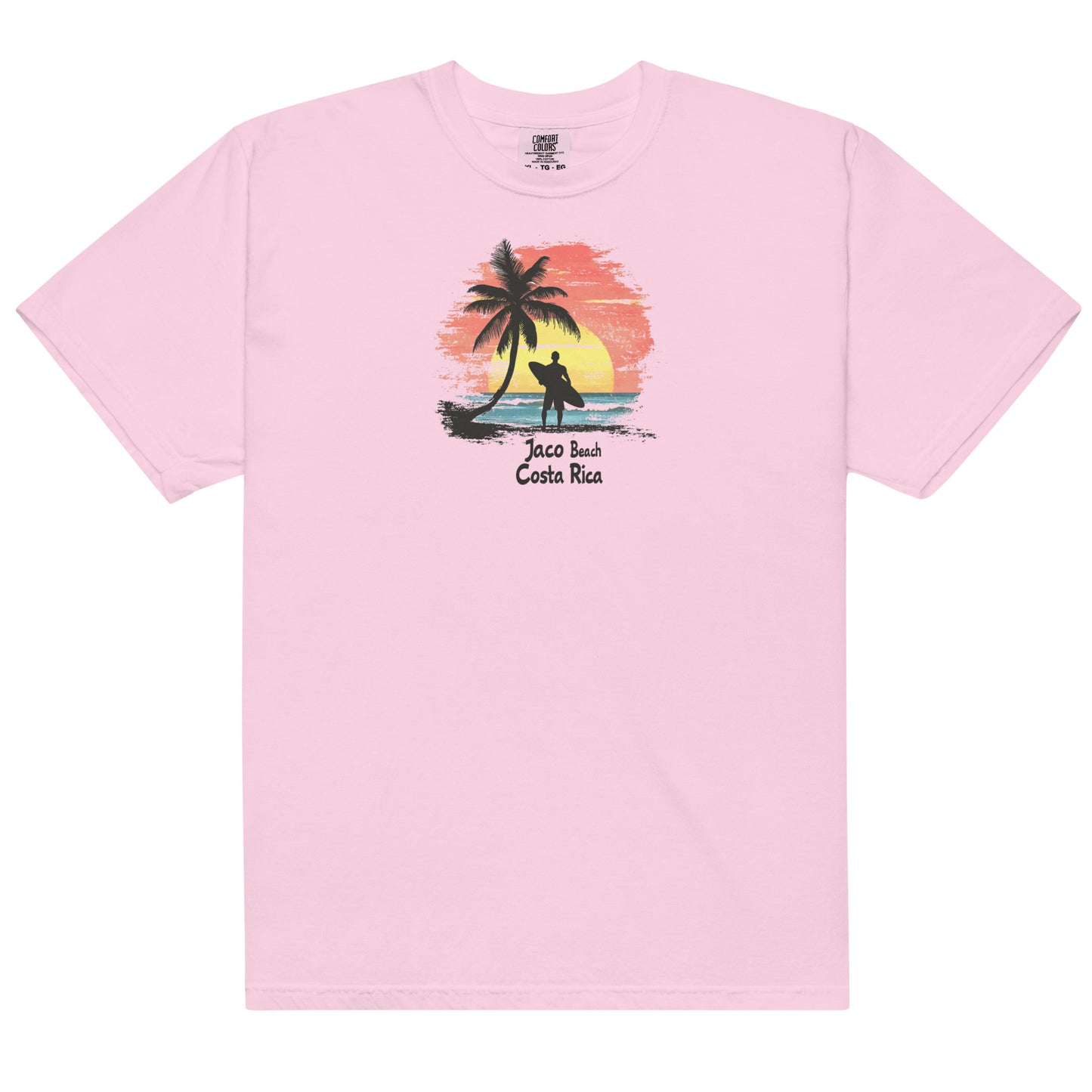 Pink T Shirt Silhouette of a surfer with a board standing by a palm tree, Jaco Beach Costa Rica sunset in the background, ocean waves and beach scene.