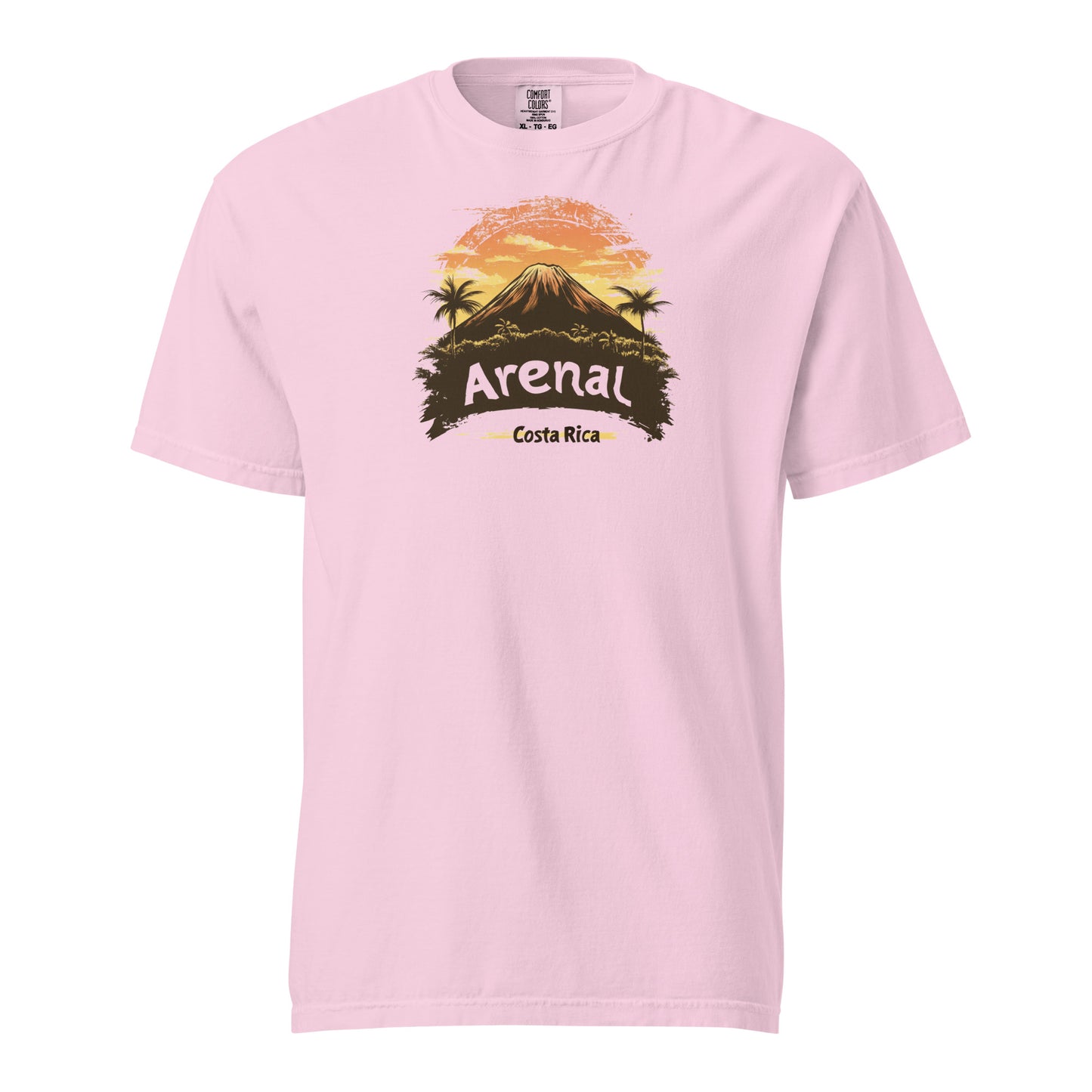 Pink Arenal Volcano silhouette with a retro sunset background and Costa Rica text on a T-shirt design