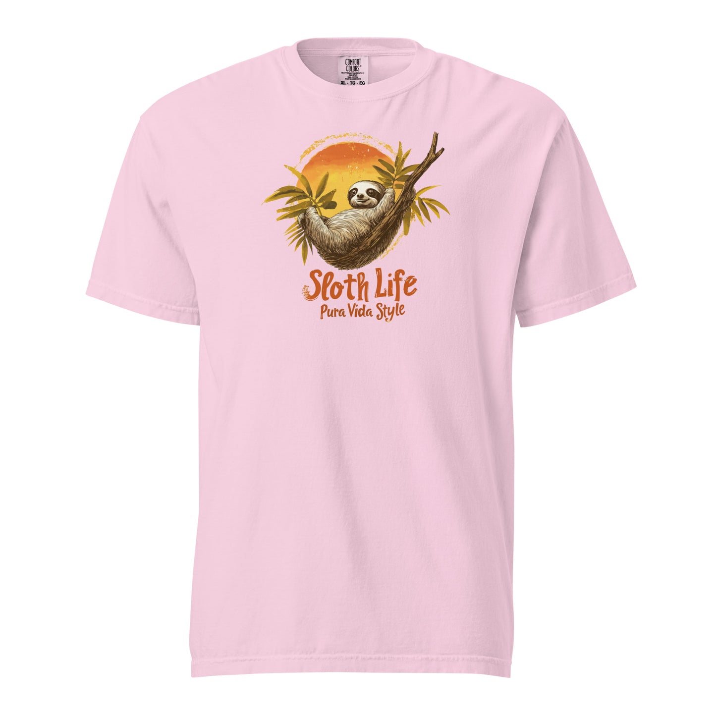 Illustration of a sloth hanging from a branch with tropical leaves and the text "Sloth Life Pura Vida Style" on a Pink t-shirt design.