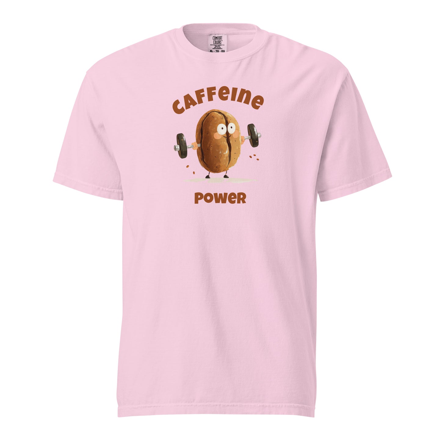 Cartoon coffee bean lifting dumbbells with the text 'Caffeine Power' in bold letters, playful and energetic design on a pink T-shirt