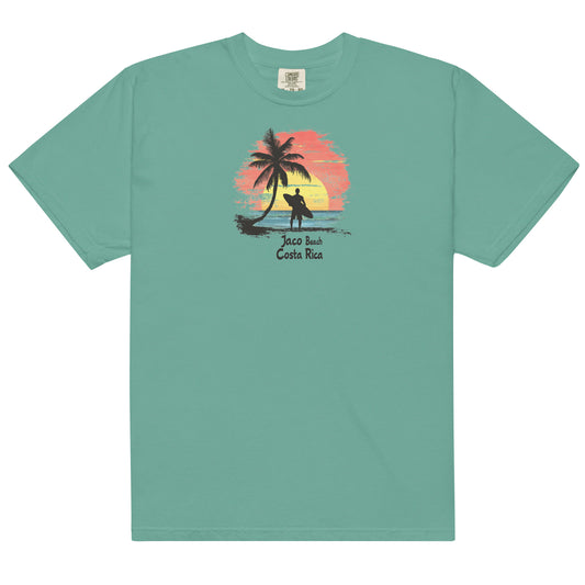 Green T Shirt Silhouette of a surfer with a board standing by a palm tree, Jaco Beach Costa Rica sunset in the background, ocean waves and beach scene.