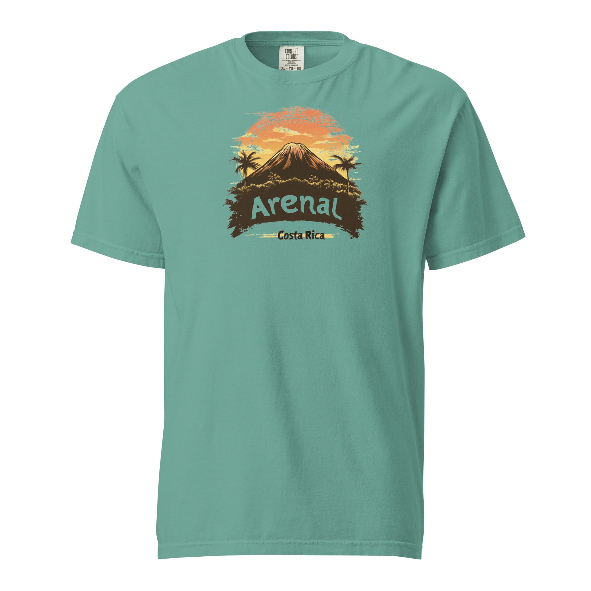 Green Arenal Volcano silhouette with a retro sunset background and Costa Rica text on a T-shirt design