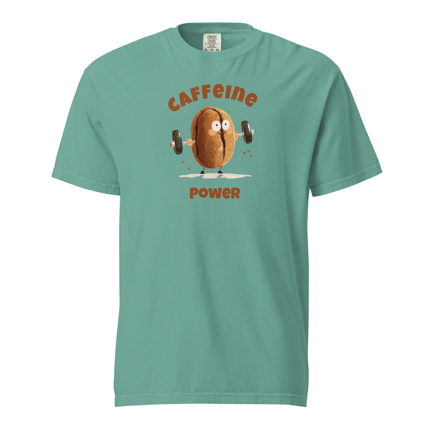 Cartoon coffee bean lifting dumbbells with the text 'Caffeine Power' in bold letters, playful and energetic design on a green T-shirt