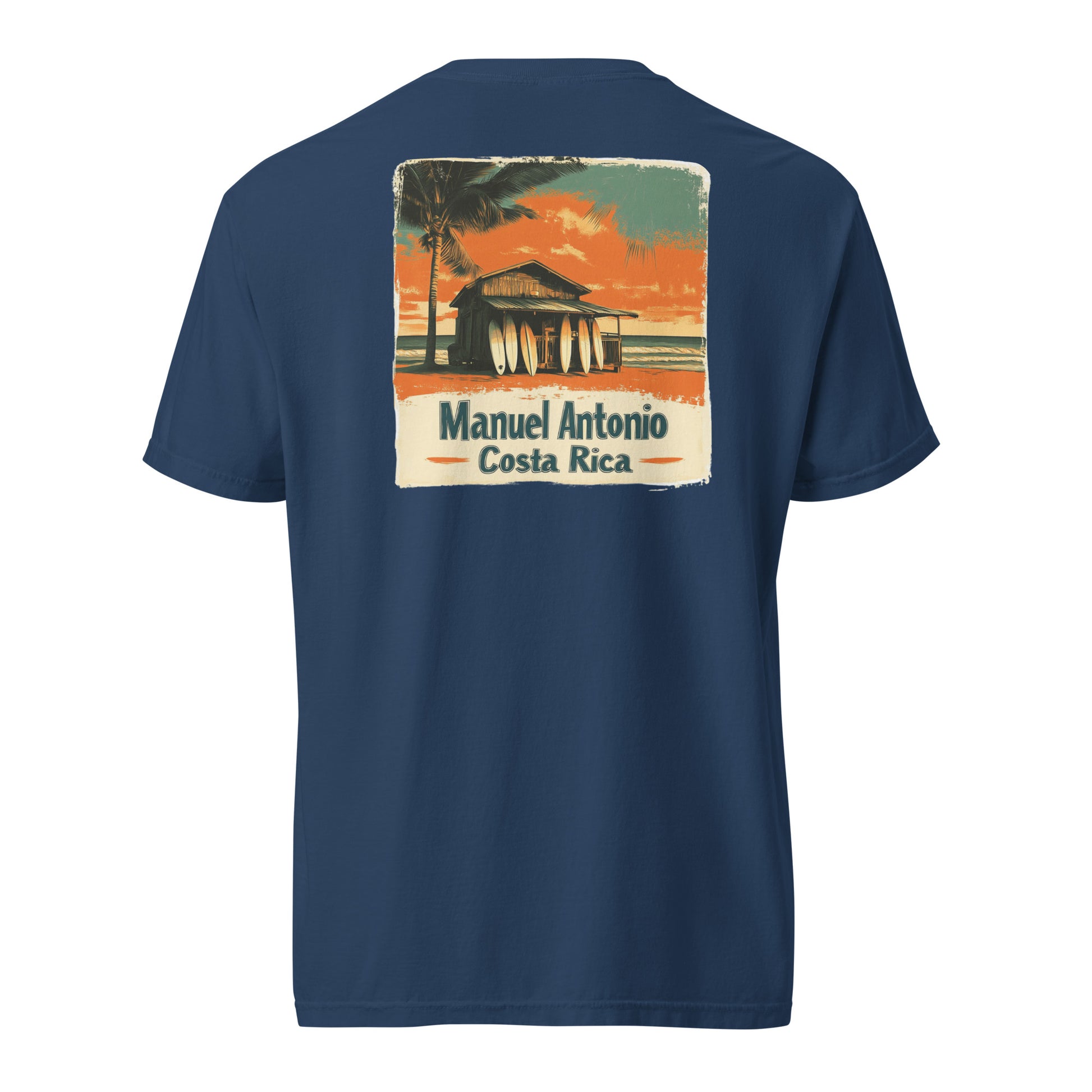 Blue Vintage Manuel Antonio Costa Rica t-shirt design featuring a surf shack with surfboards and palm trees at sunset.