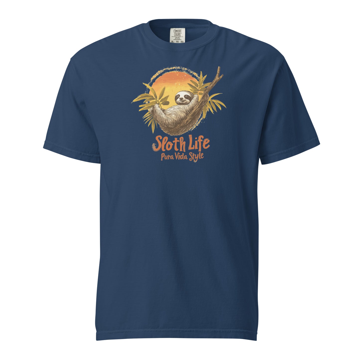 Illustration of a sloth hanging from a branch with tropical leaves and the text "Sloth Life Pura Vida Style" on a dark blue t-shirt design.