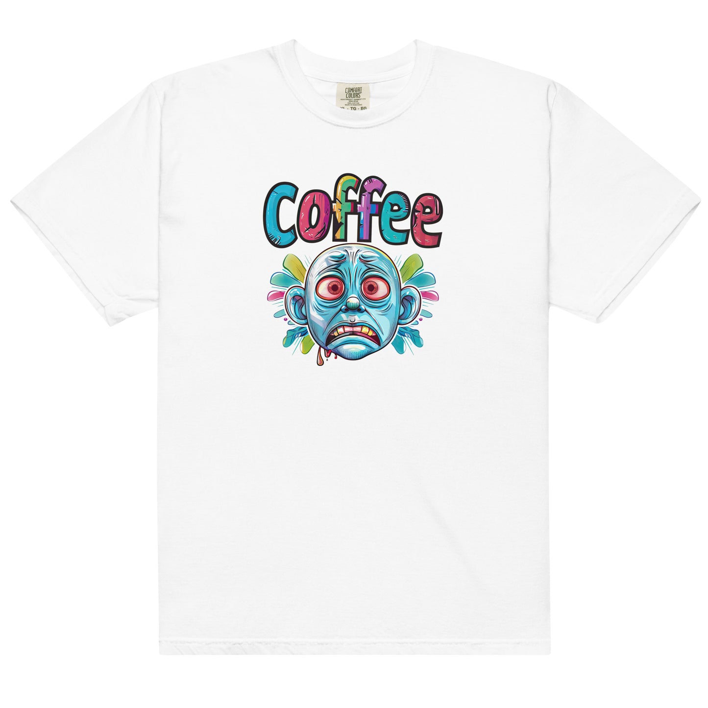 White t-shirt featuring a bold and colorful artistic face with the word "Coffee" in vibrant typography, ideal for coffee lovers and fans of unique designs