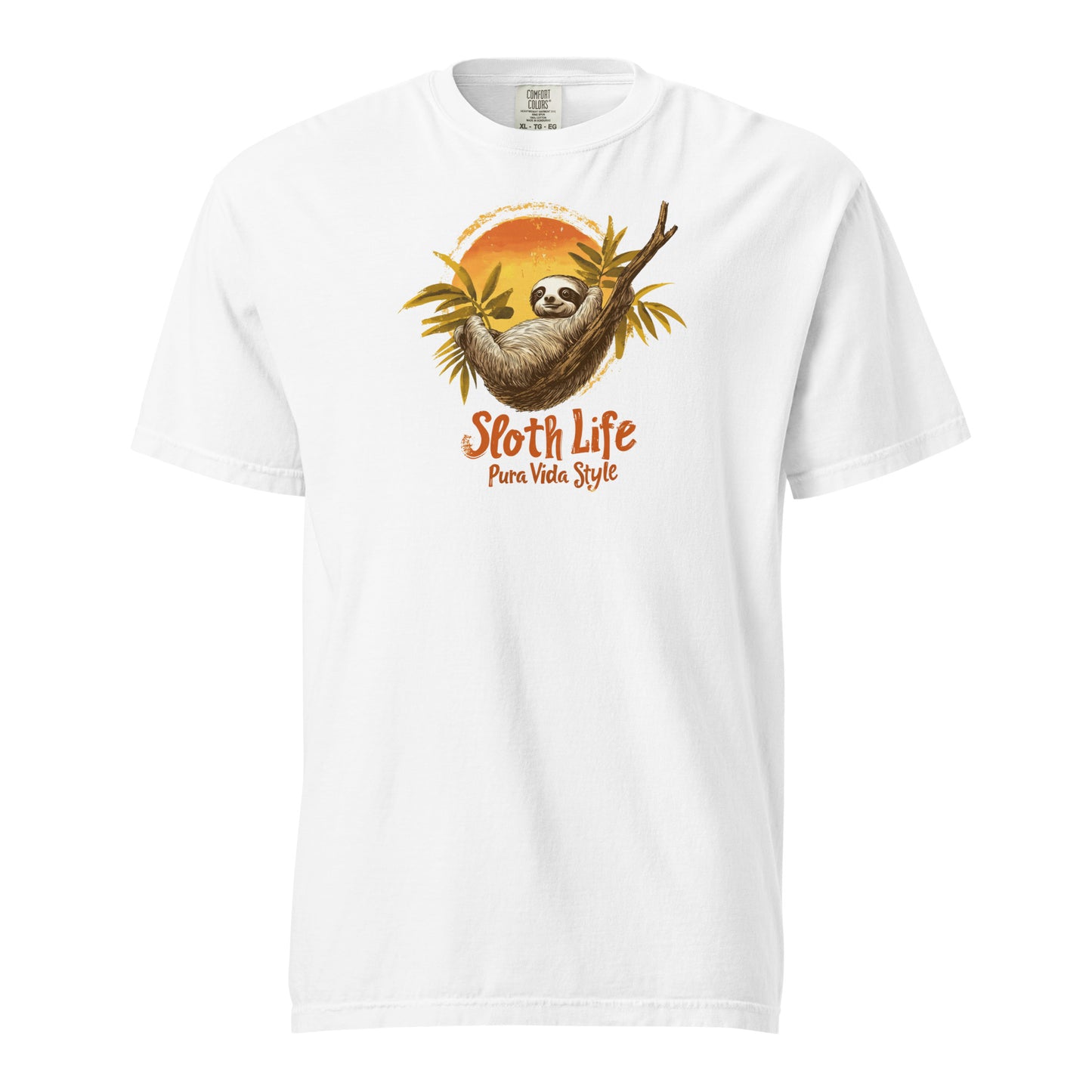 Illustration of a sloth hanging from a branch with tropical leaves and the text "Sloth Life Pura Vida Style" on a white t-shirt design.