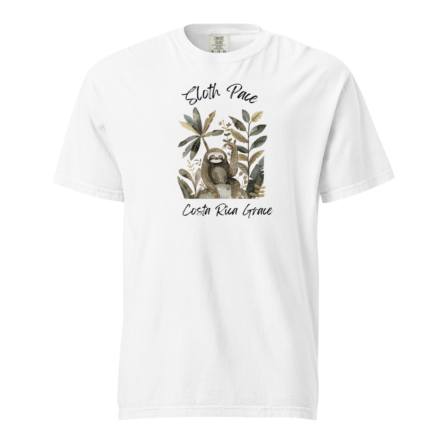 White  Costa Rica T Shirt of a smiling sloth surrounded by tropical leaves and palm fronds in earth tones, with 'Sloth Pace' and 'Costa Rica Grace' text in brush script