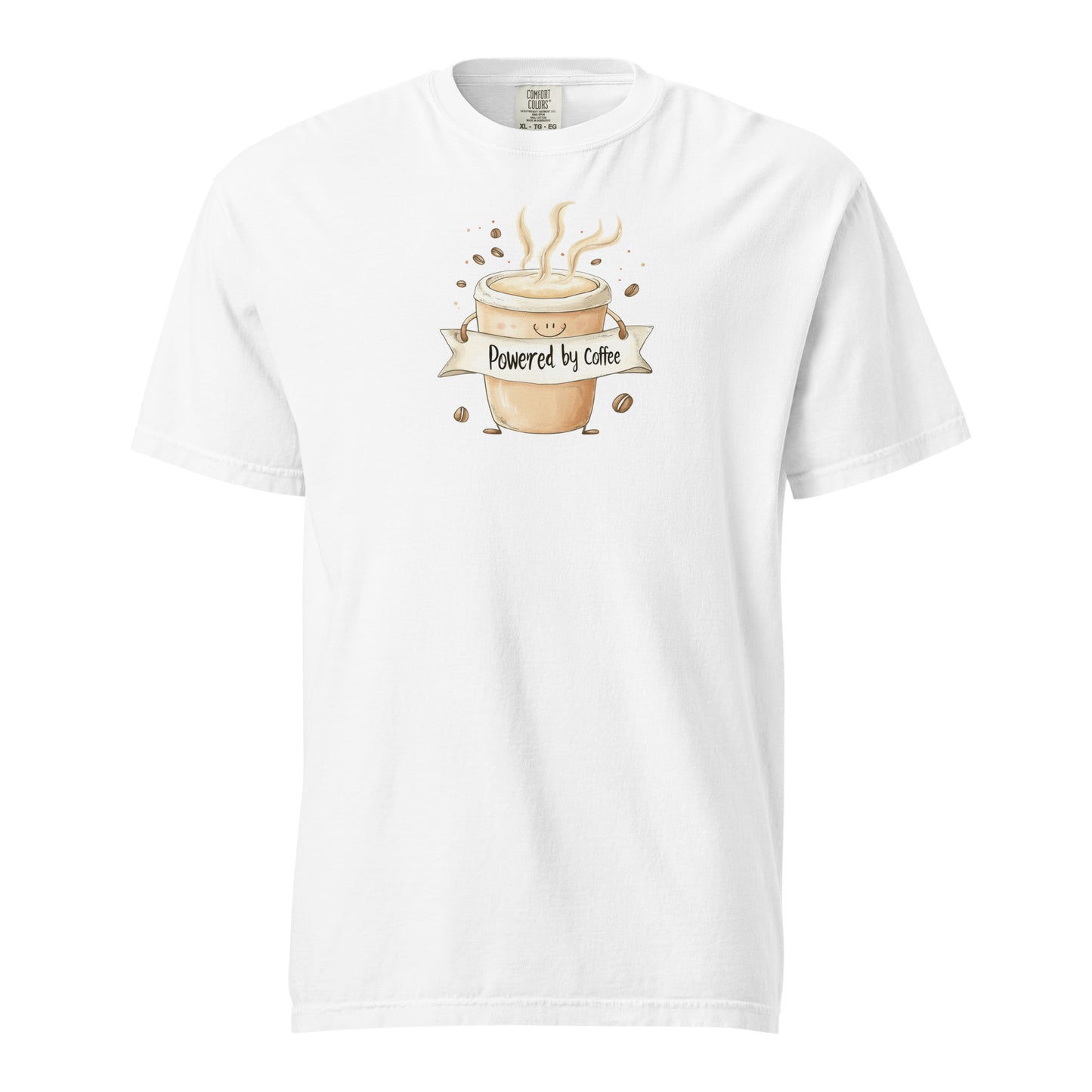 White Cartoon-style coffee cup T Shirt  with a happy face, arms holding a banner that says 'Powered by Coffee,' surrounded by steaming lines and coffee beans, playful and cute design on a white background