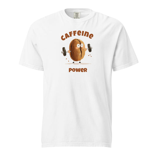 Cartoon coffee bean lifting dumbbells with the text 'Caffeine Power' in bold letters, playful and energetic design on a white T-shirt