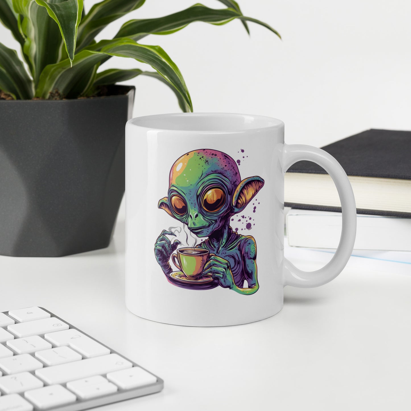 Quirky alien drinking a steaming cup of coffee, colorful sci-fi design on a white background, perfect for coffee lovers and sci-fi fans.